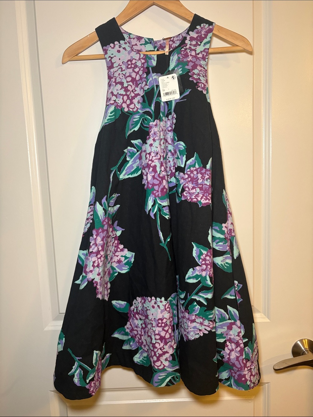 NWT Free People Suzie Black Mini Dress with Purple Hydrangeas Print Size XS